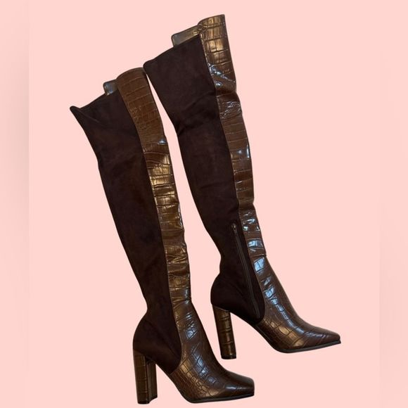 Aldo Shoes - Aldo over the knee boots women brown faux croc never been worn sz 7.5 block heel